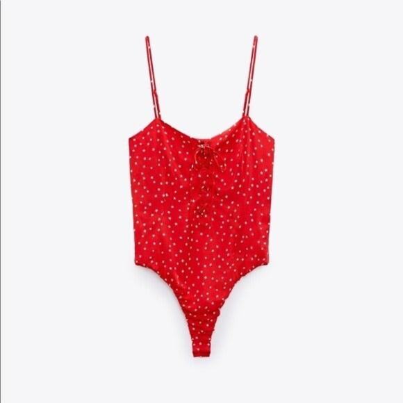 New Zara Red Lace Up Satin Effect Star Print Bodysuit Women's - Picture 2 of 11